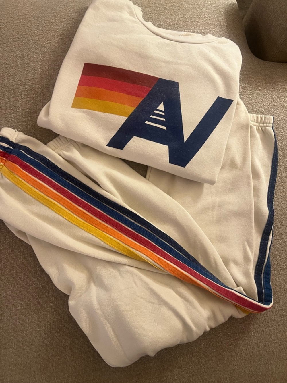 Aviator Nation Cream Terry Lounge Shorts with Retro Stripe Accent